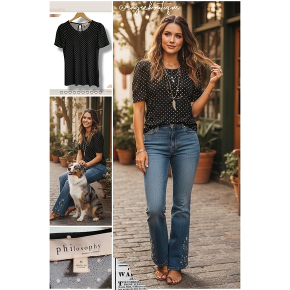 🌿Philosophy Women's Small Black & White Polka Dot Flared Shoulder Top - Picture 10 of 12